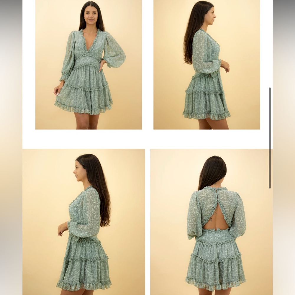 OLIVE FLORAL PRINT V-NECK RUFFLE DRESS - Picture 3 of 3